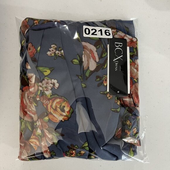 BCX NWT Womens M  Floral Blue Halter Maxi Slit Pleated Dress Belt Sheer Overlay - Picture 16 of 16